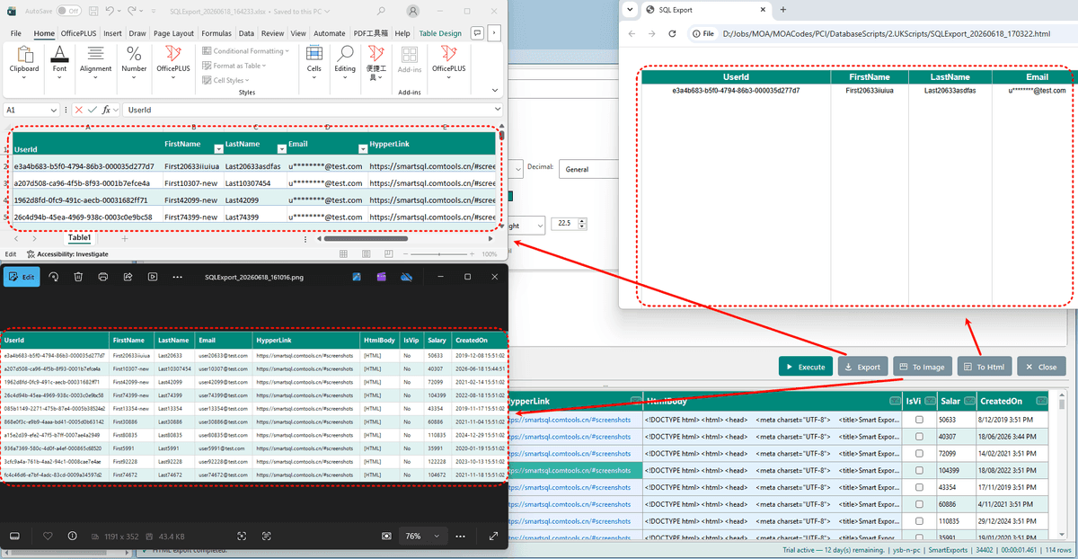 Smart Export main window with SQL editor, export controls, and result grid inside SSMS