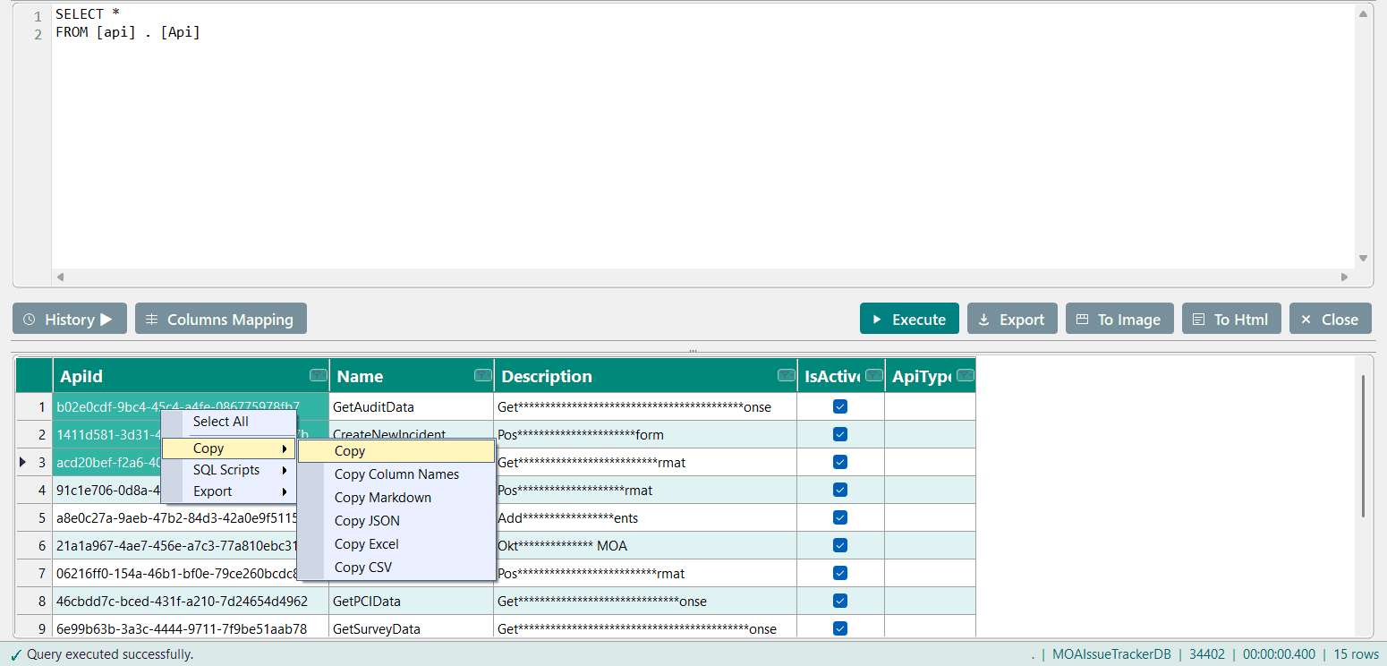 Right-click context menu for export in SSMS