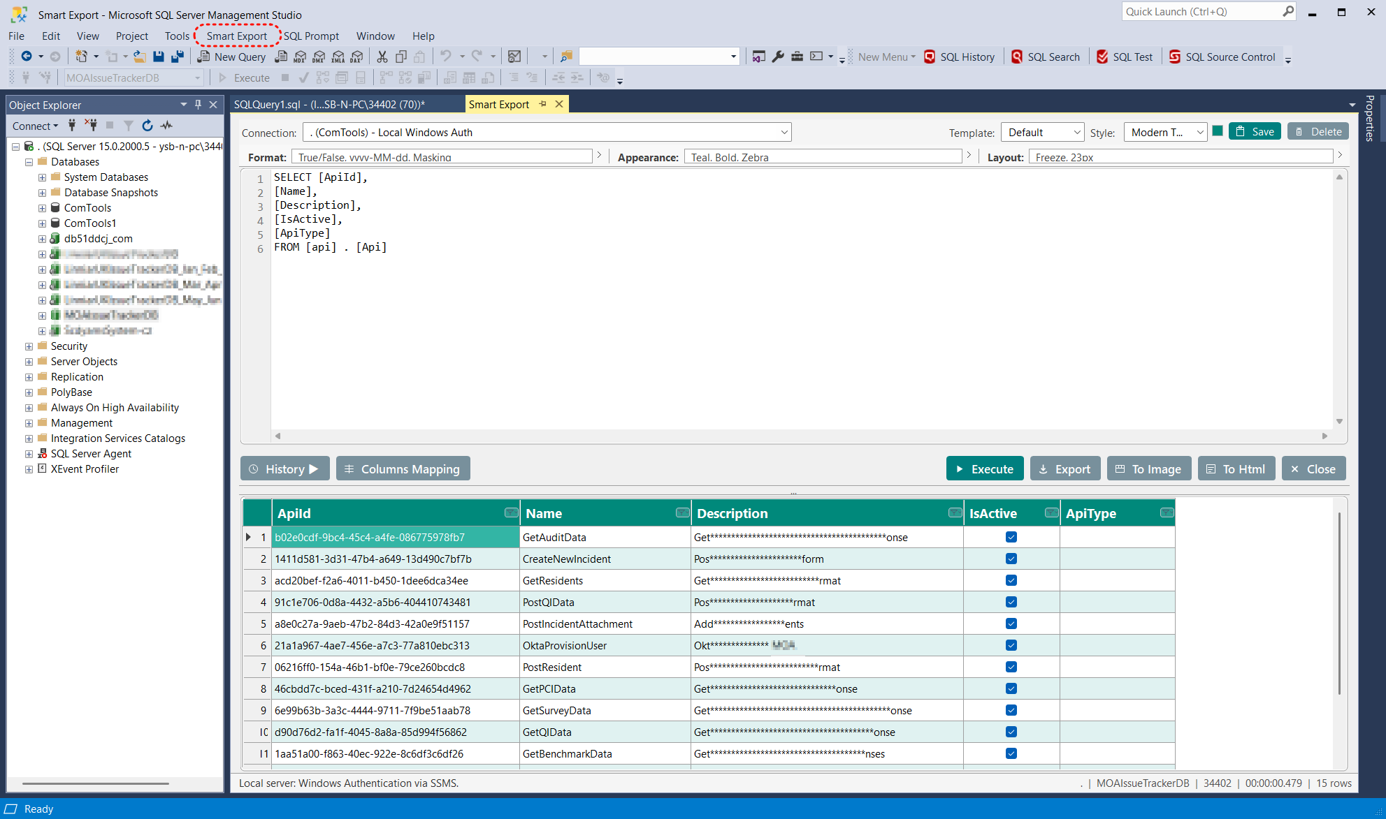 Smart Export editor interface inside SSMS