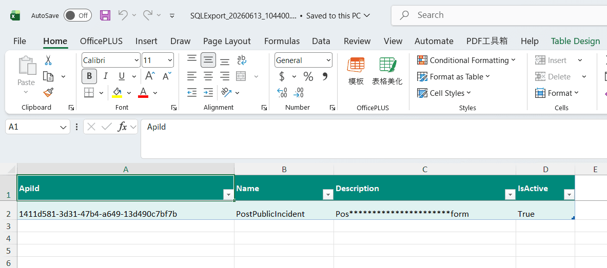 SQL query result grid with export options
