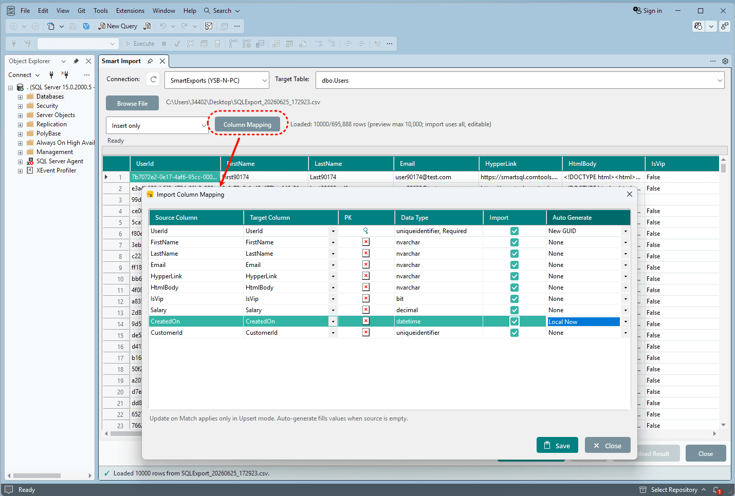 Smart Import configuration with column mapping and target table selection