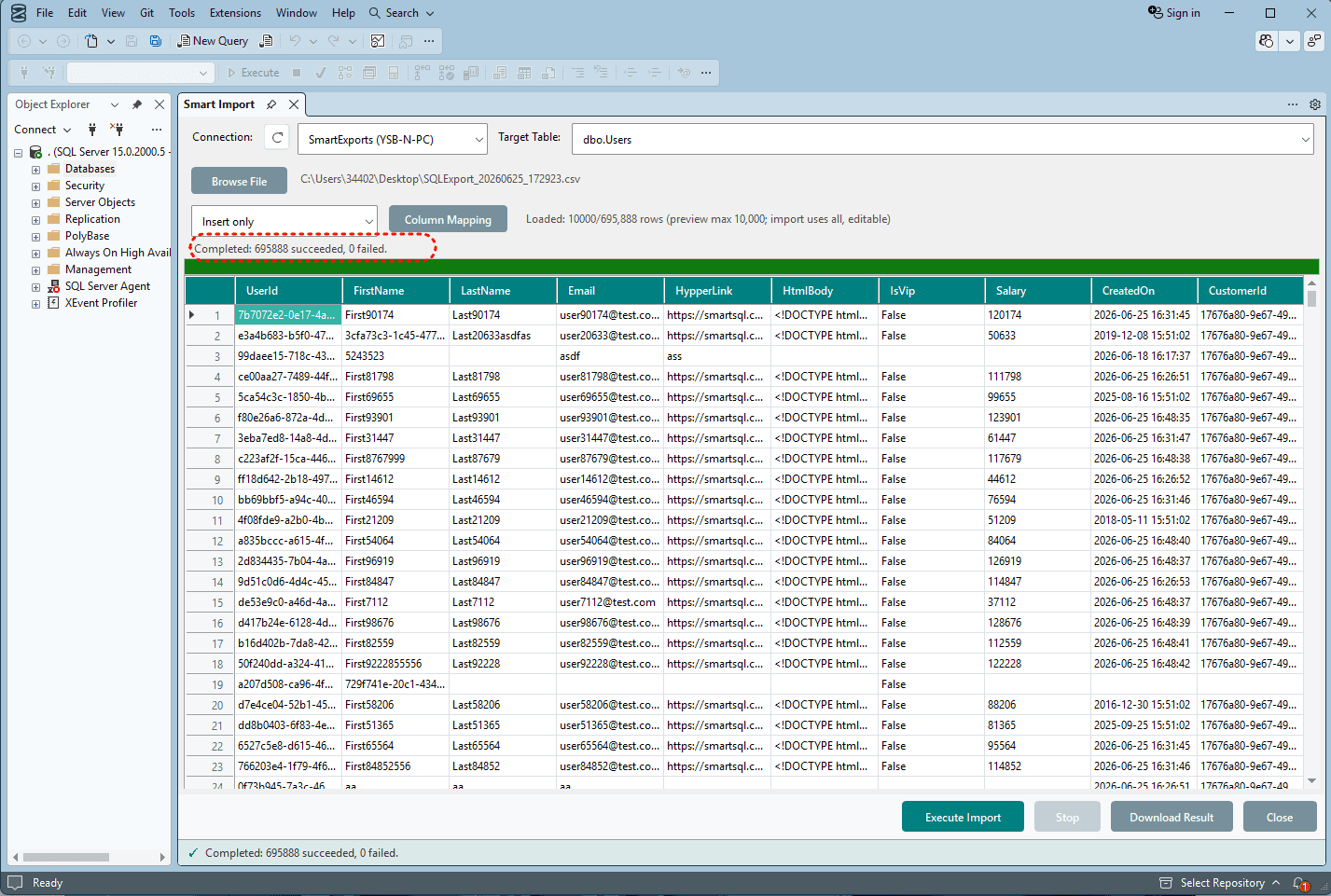 Smart Import result with progress bar and per-row import status