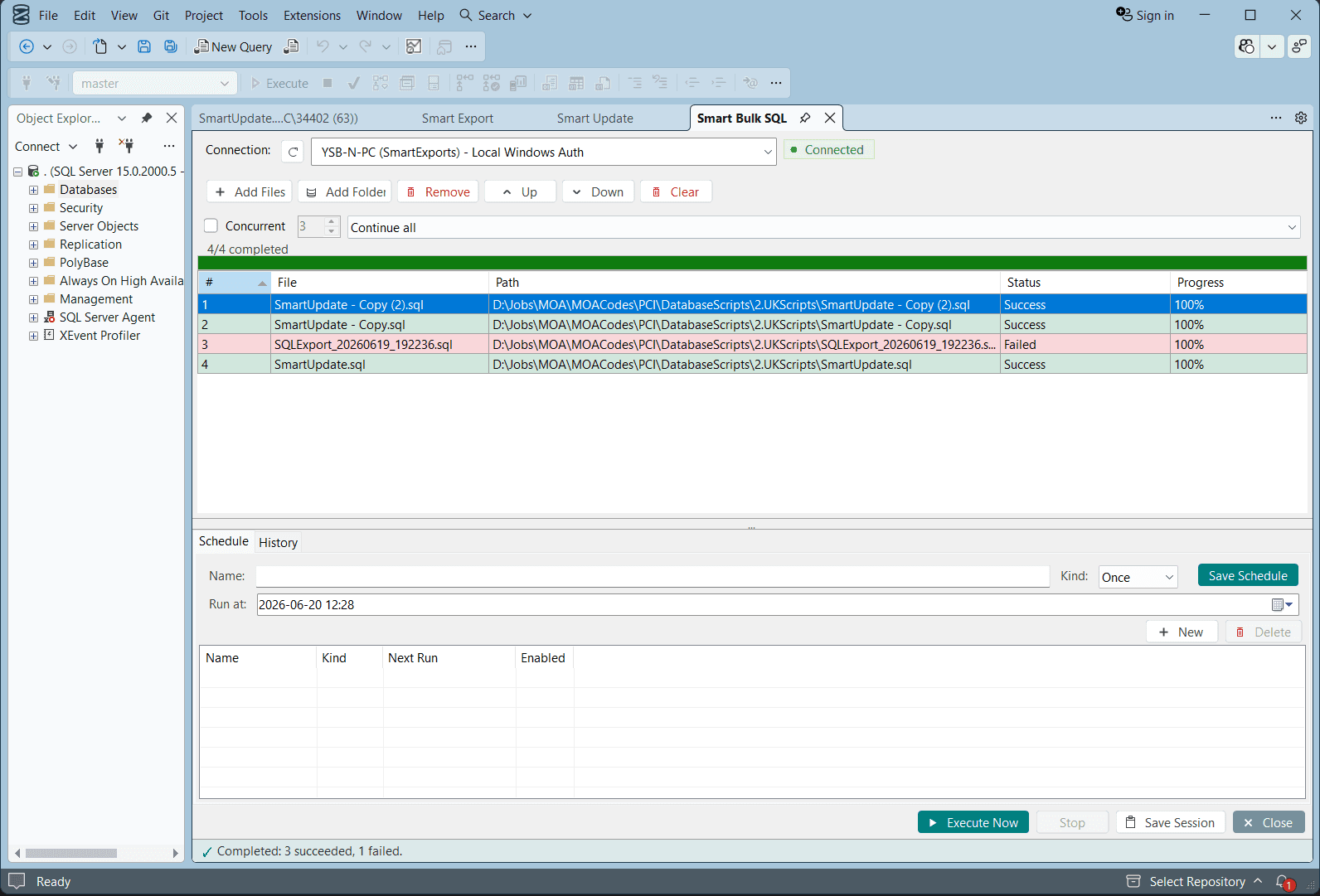 Smart Bulk SQL main window with file queue and execution progress