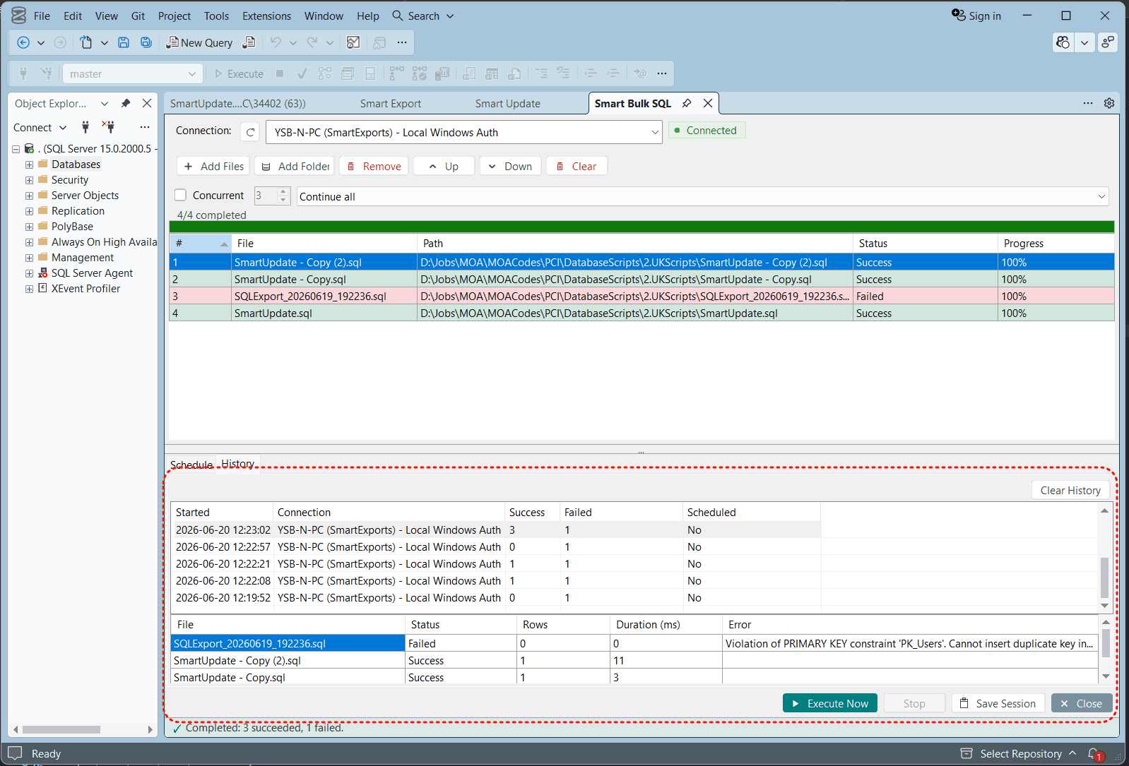 Smart Bulk SQL schedule history with session summary and per-file error details