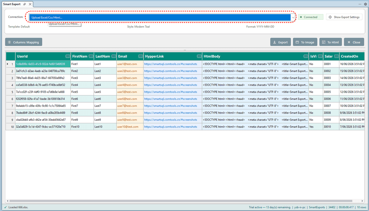 Upload Excel CSV or HTML file option