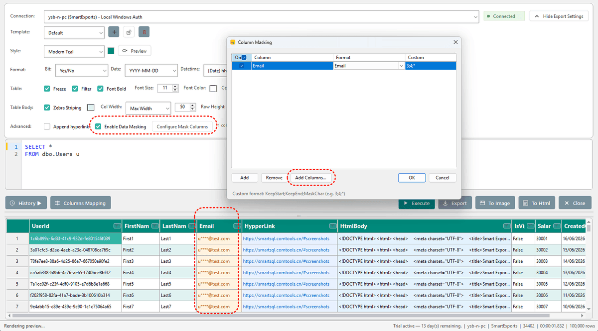 Data masking configuration per column