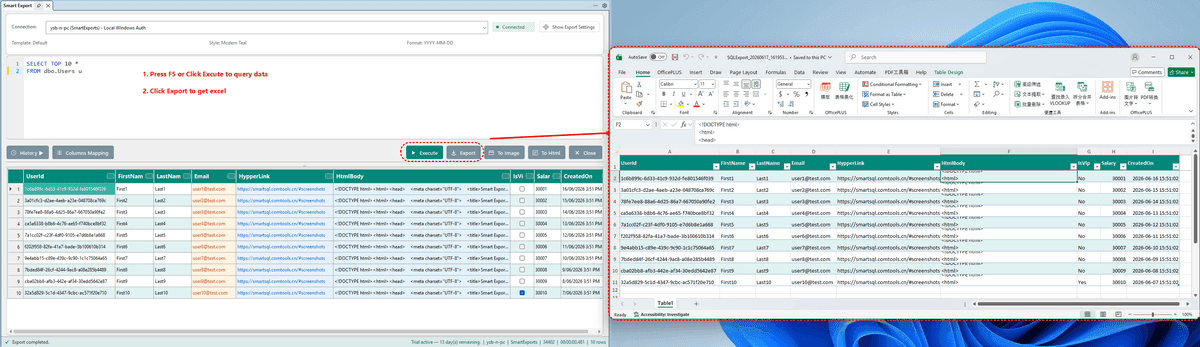 Excel export result