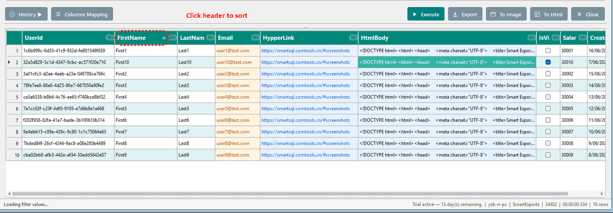Click header to sort