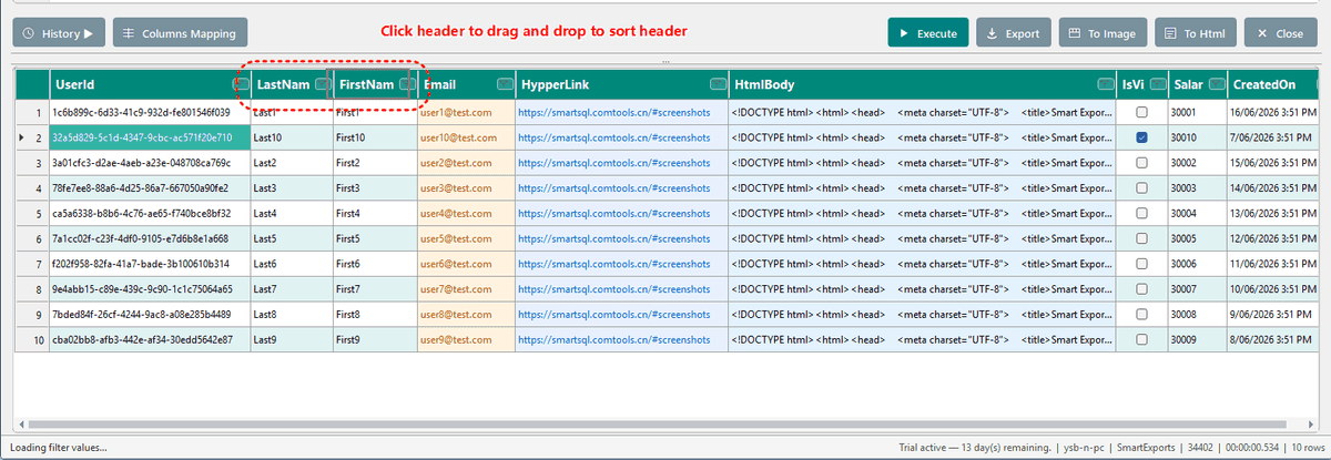 Drag column headers to reorder