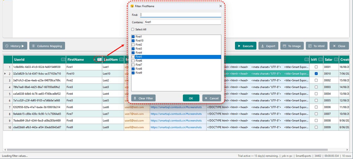 Column header filter