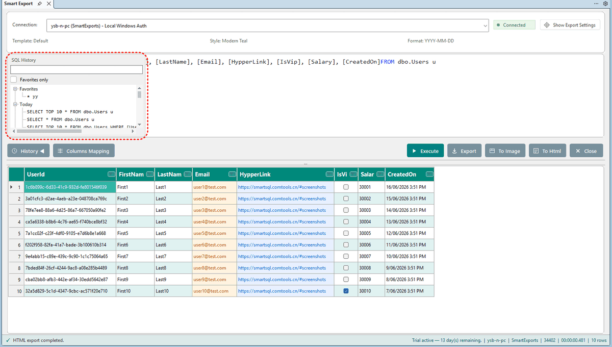 SQL history and favorites panel