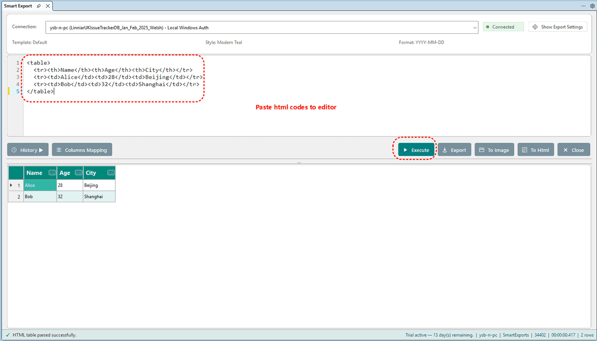 Paste HTML table into SQL editor