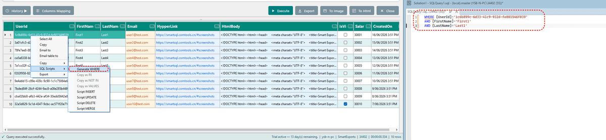 Generate WHERE clause from selection