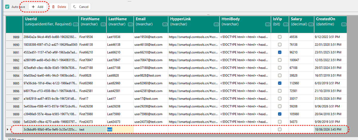 New row highlighted in green in Smart Update