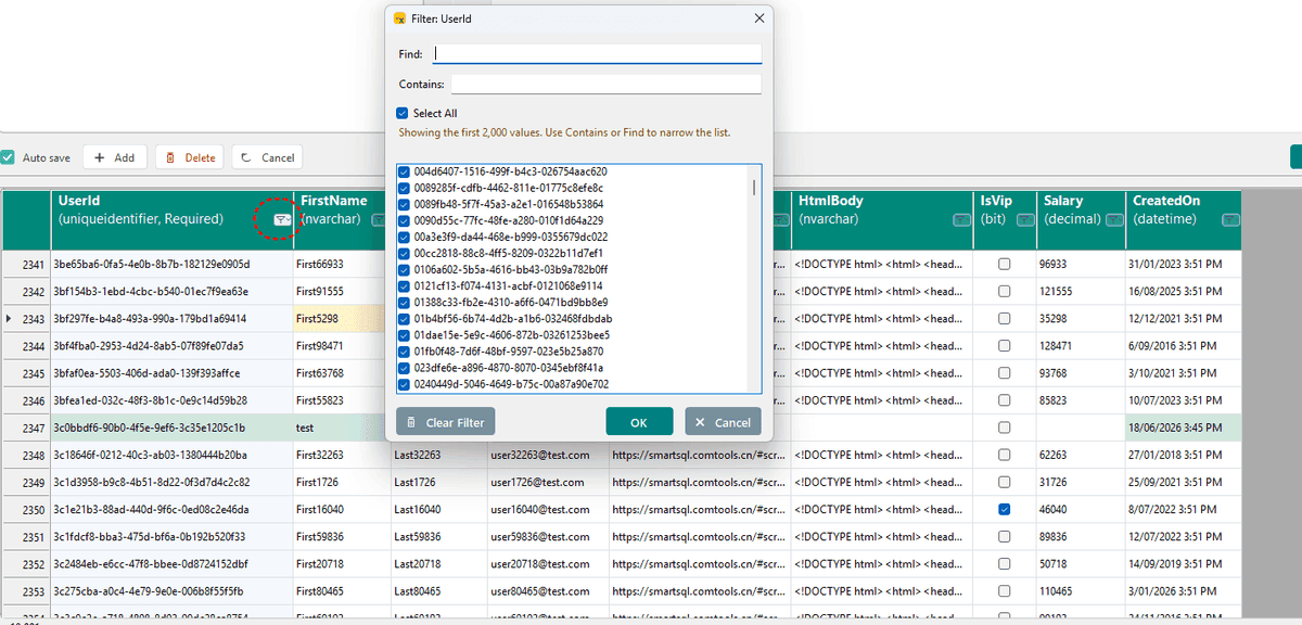 Column filter dialog in Smart Update