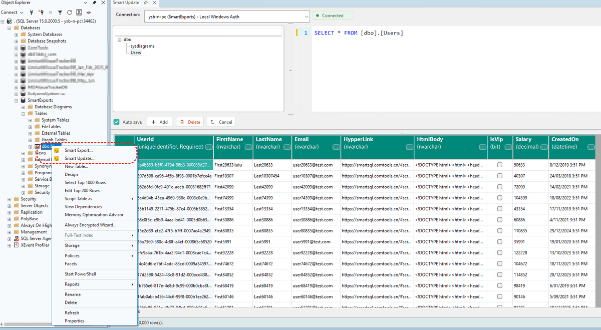 Smart Update entry from SSMS Object Explorer table context menu