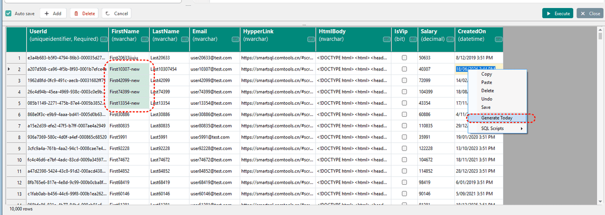 Smart Update main window with schema browser, SQL editor, and editable grid